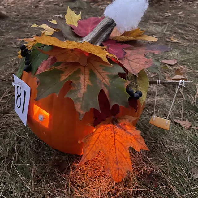 A pumpkin dressed in autumn leaves, with a tiny swing hanging from a twig